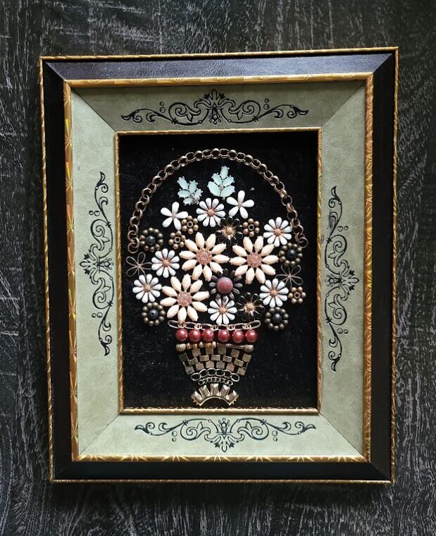 Flower Basket Vintage Jewelry Collage Wall Hanging (Green) - Oddbeads